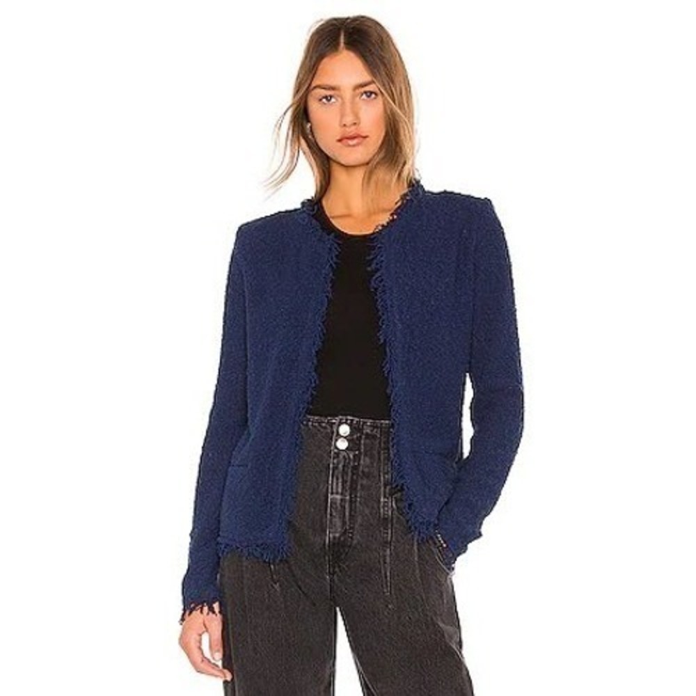 IRO Paris Shavanispe Navy Blue Fringed Boucle Open Front Jacket EU 40 US Medium